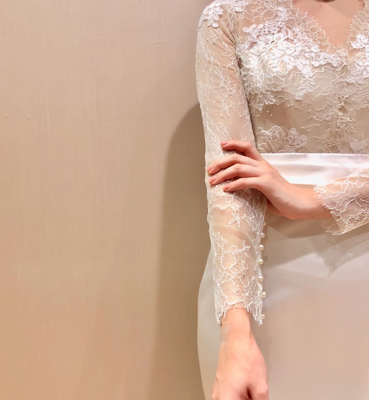 モニークルイリエのロングスリーブが印象的なスレンダーラインのウエディングドレス