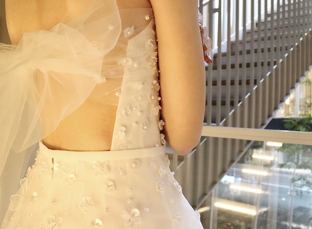 柔らかなチュールで仕上げたリボンが可愛い、バックコンシャスなミラ・ズウィリンガーのウェディングドレス