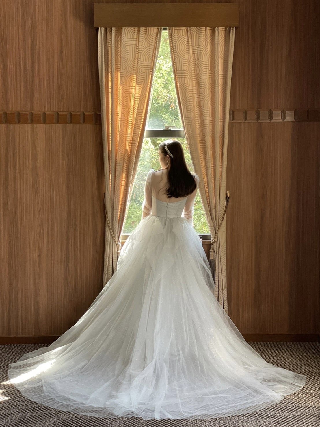 クラシックな結婚式場にもおすすめのバックスタイルが美しいAラインのグリッターチュールのカラードレス