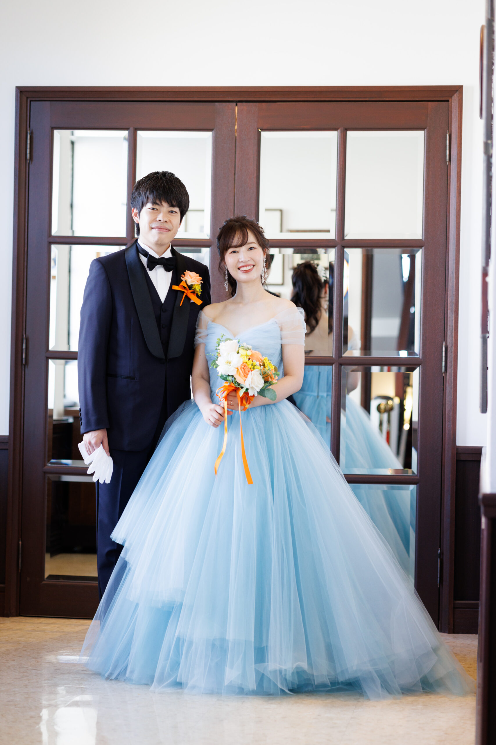 フォーチュンガーデン京都の結婚式のお色直しはリーム アクラのライトブルーが色鮮やかな プリンセスラインのカラードレス