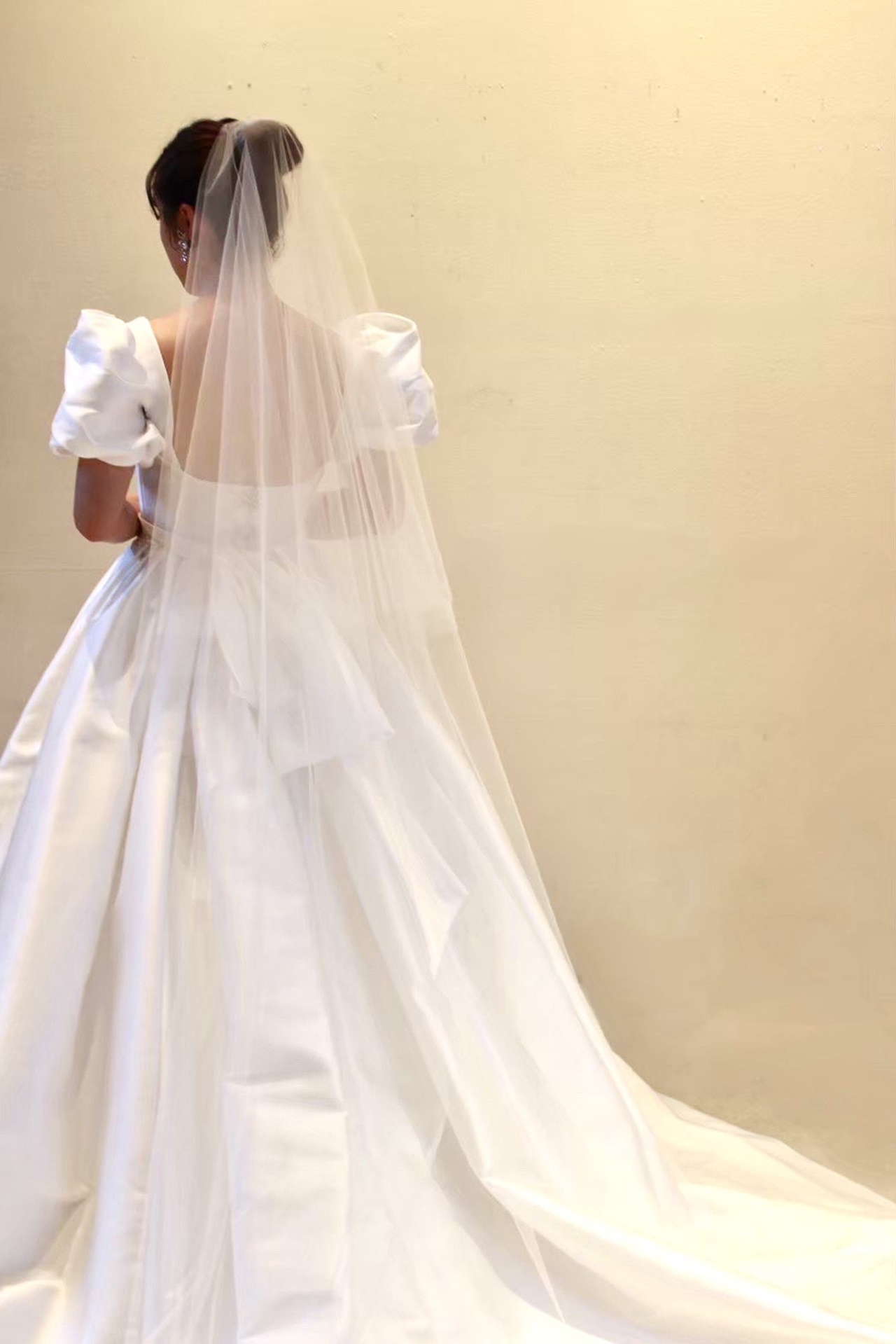 ボリュームのあるリーム アクラのプリンセスラインのレンタルウェディングドレスには、長いベールを合わせて、豪華なバックスタイルを演出
